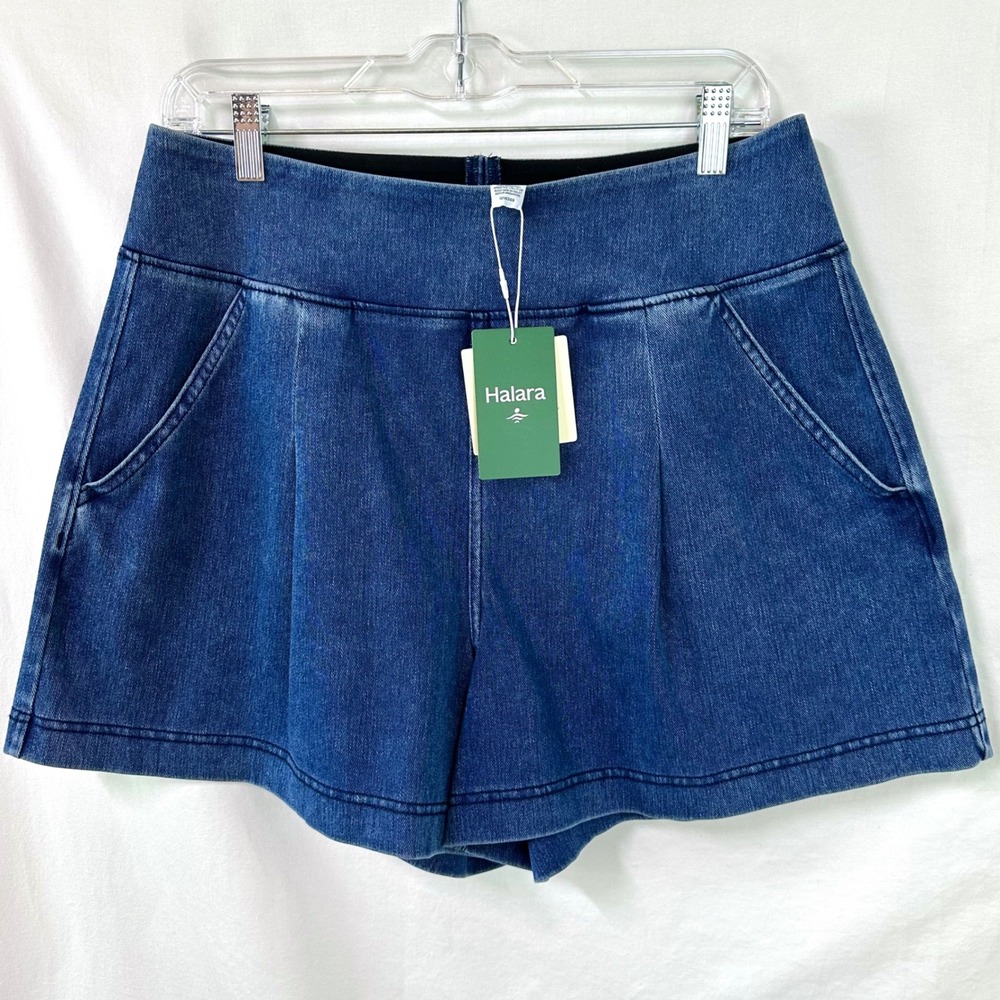HALARA Flex NEW Blue Denim High Waisted Baggy Shorts 4" Inseam L Pockets Stretch
